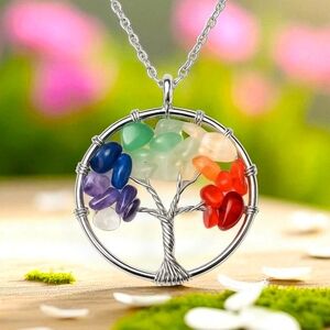 🆕️Tree Of Life 🌳 Handmade Colorful Boho Chic Pendant With Natural Stones 🌈🍃